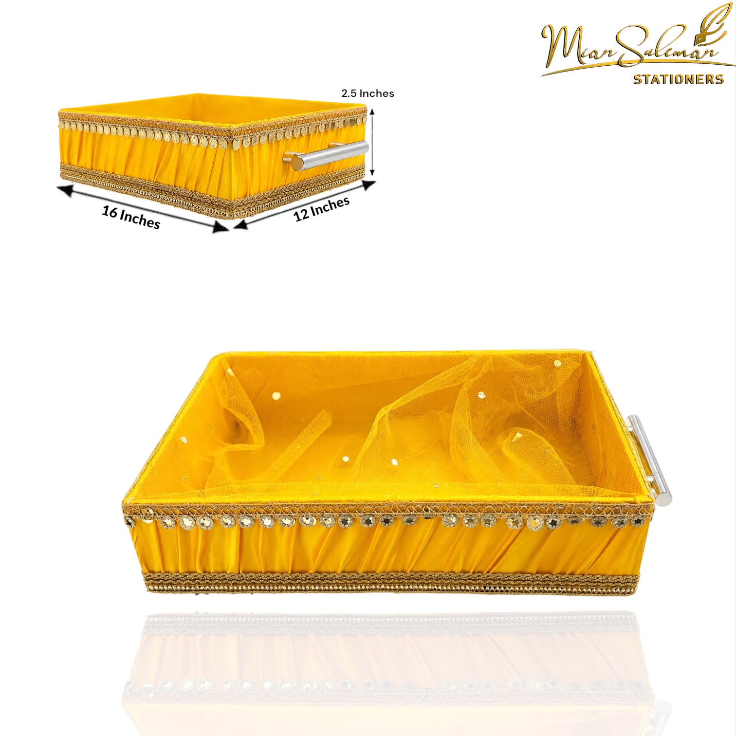 Rectangular Decorative Gift & Storage Tray With Handles (Yellow)