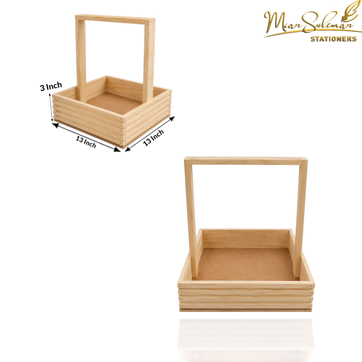 Wooden Square Storage Basket With Tall Handle