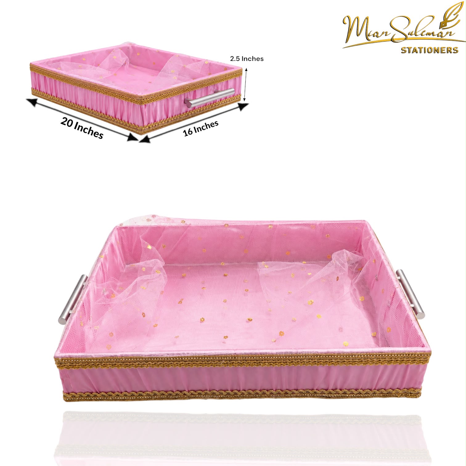 Rectangular Decorative Gift & Storage Tray With Handles (Pink)