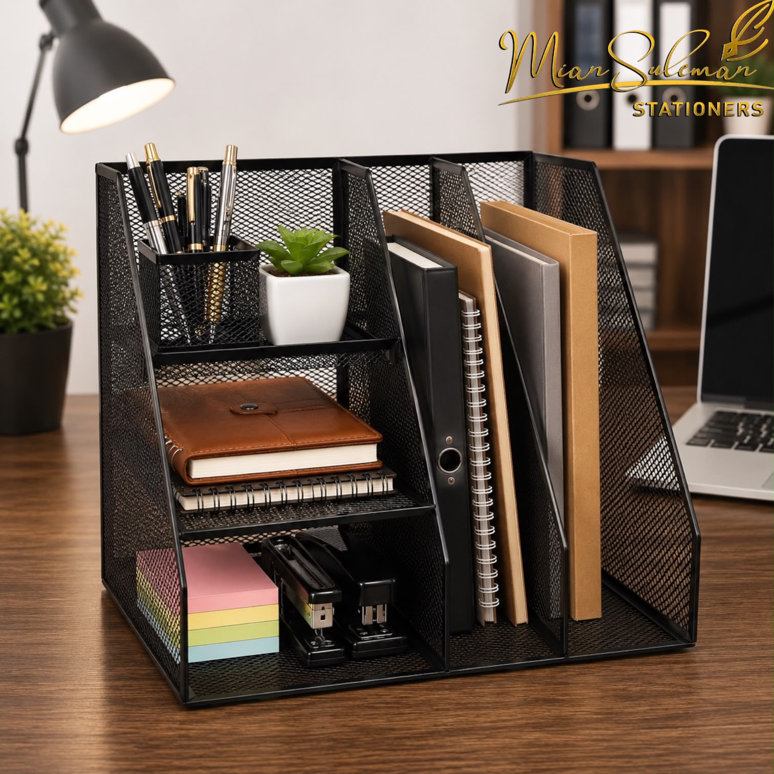 Metal Mesh Desk Organizer with Multi-Compartment File Holder