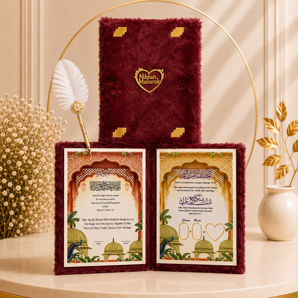 Customized Acrylic Nikkah Booklet With Pen Golden Heart Design (Maroon)