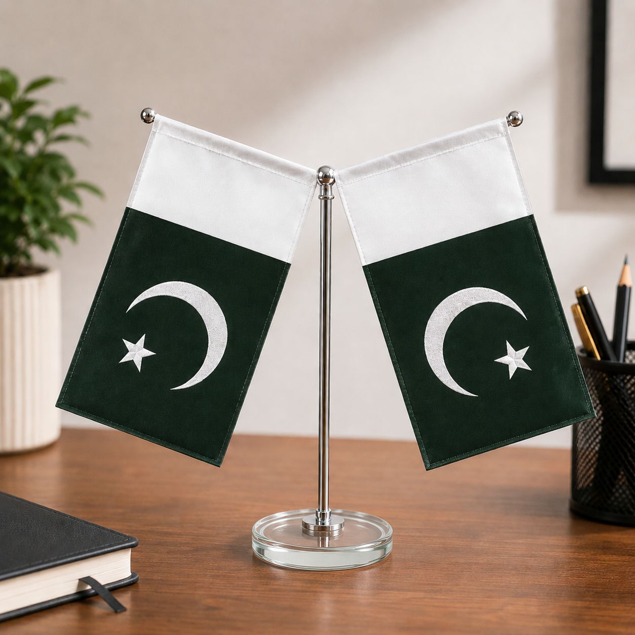 Premium Double Pakistan Table Flag with Chrome Stand