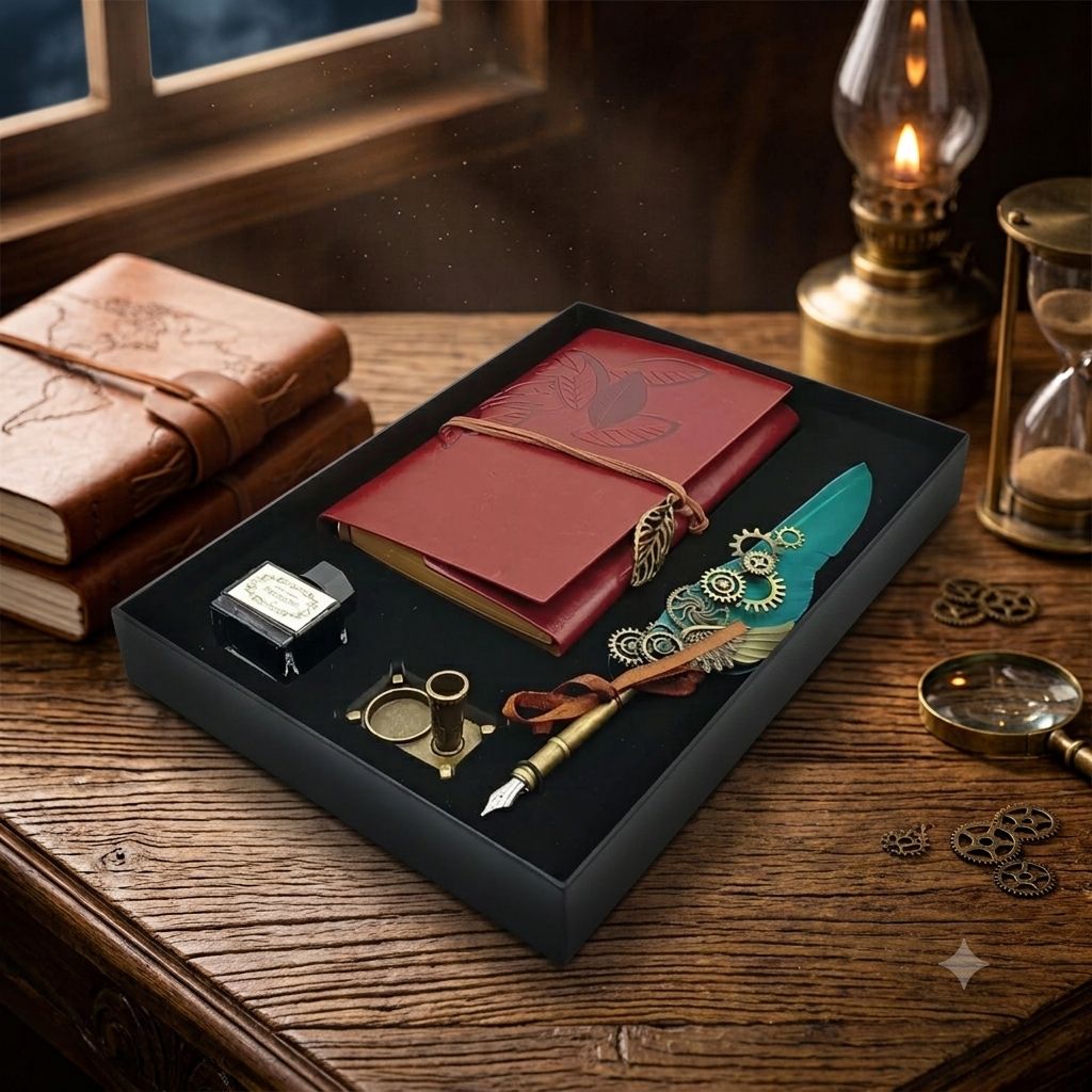 Antique Calligraphy & Leather Diary Combo