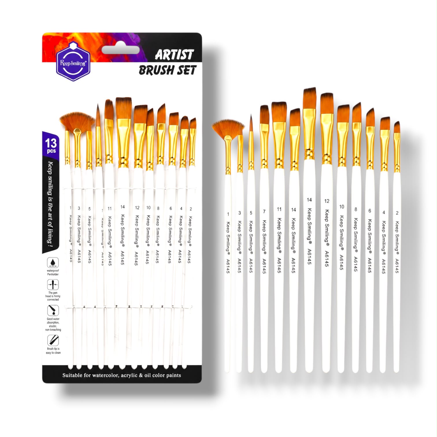 Keep Smiling Artist Paint Brush Mixed Shapes 13 Pcs Set