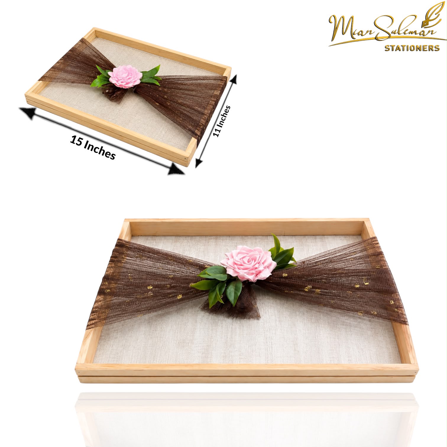 Wooden Serving Tray With Ribbon & Floral Decoration