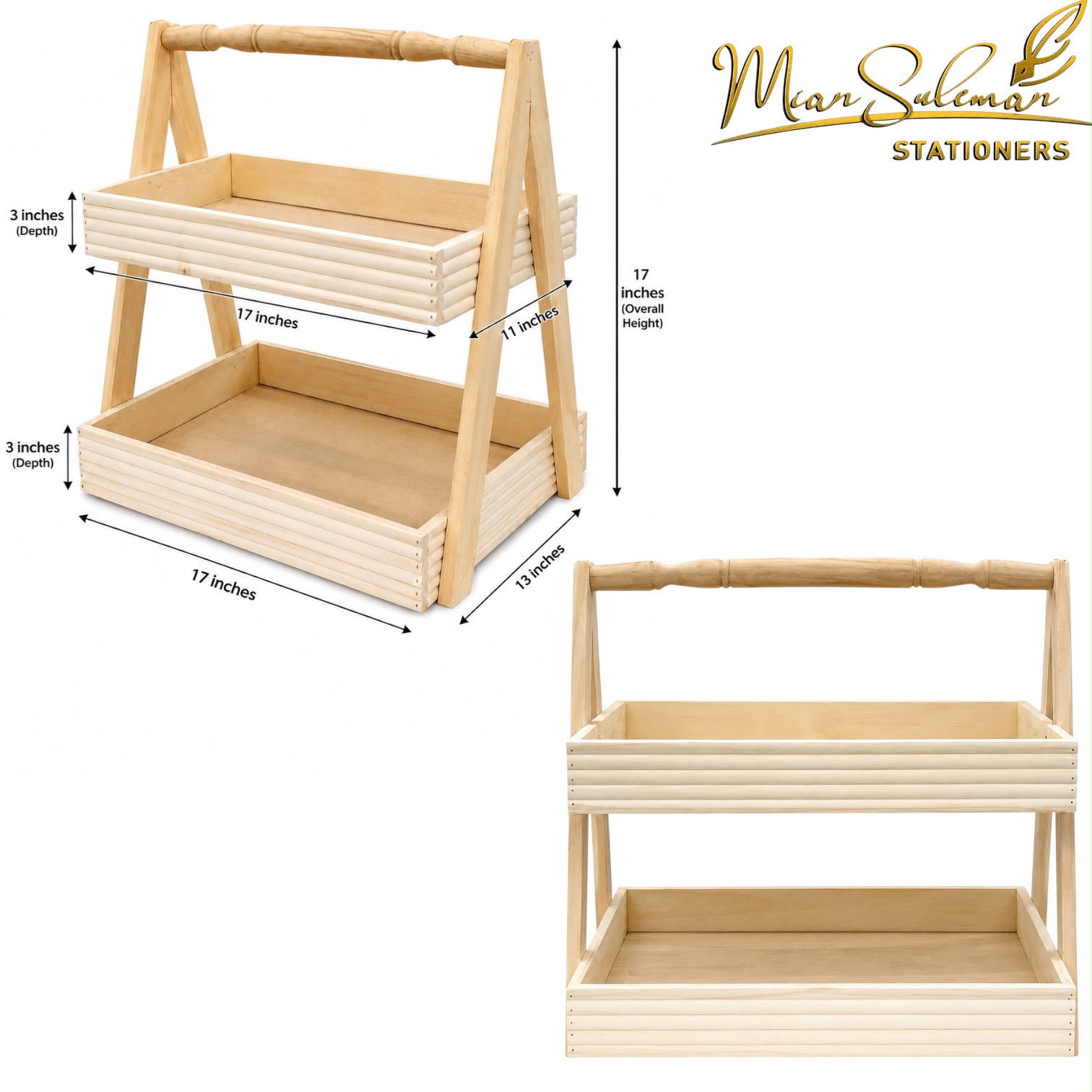 Wooden 2 Tier Storage Rack & Decorative Spindle Handle