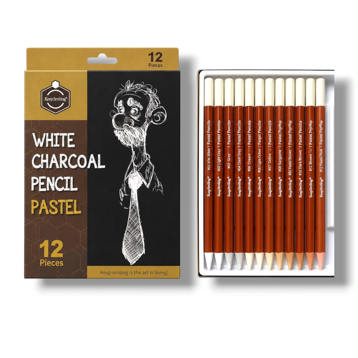 Keep Smiling White Charcoal Pencil Pastel 12 Pcs Set