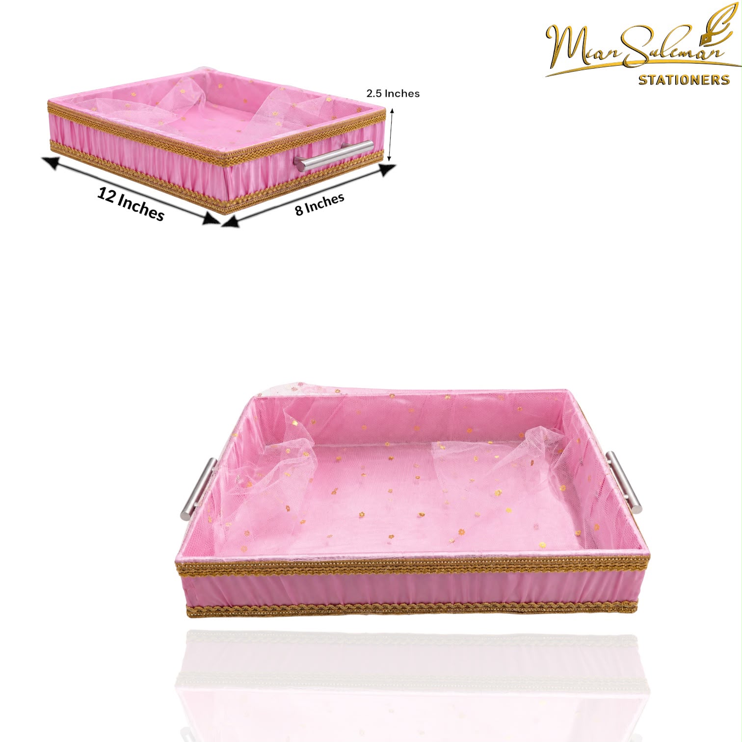 Rectangular Decorative Gift & Storage Tray With Handles (Pink)