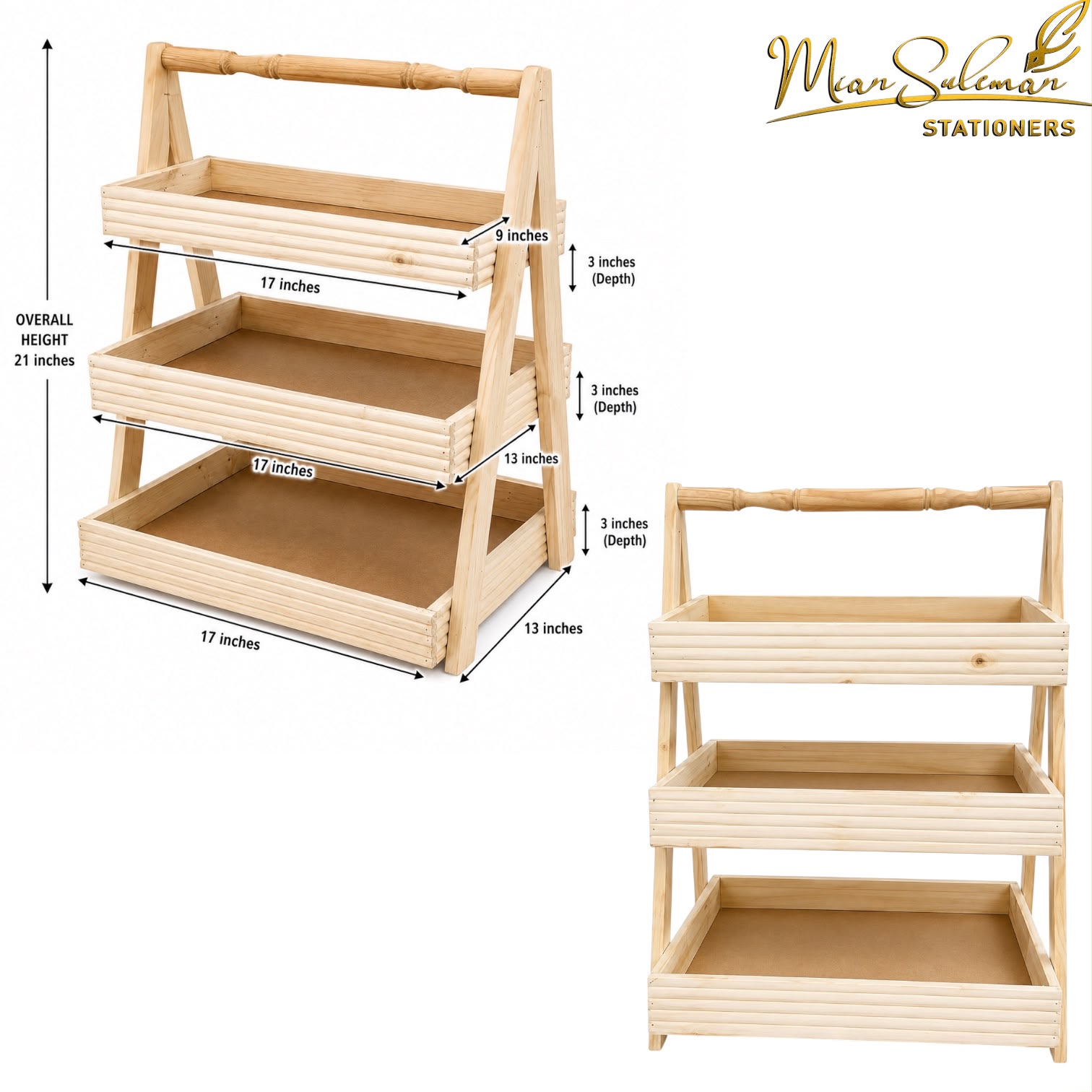 Wooden 3 Tier Storage Rack & Decorative Spindle Handle