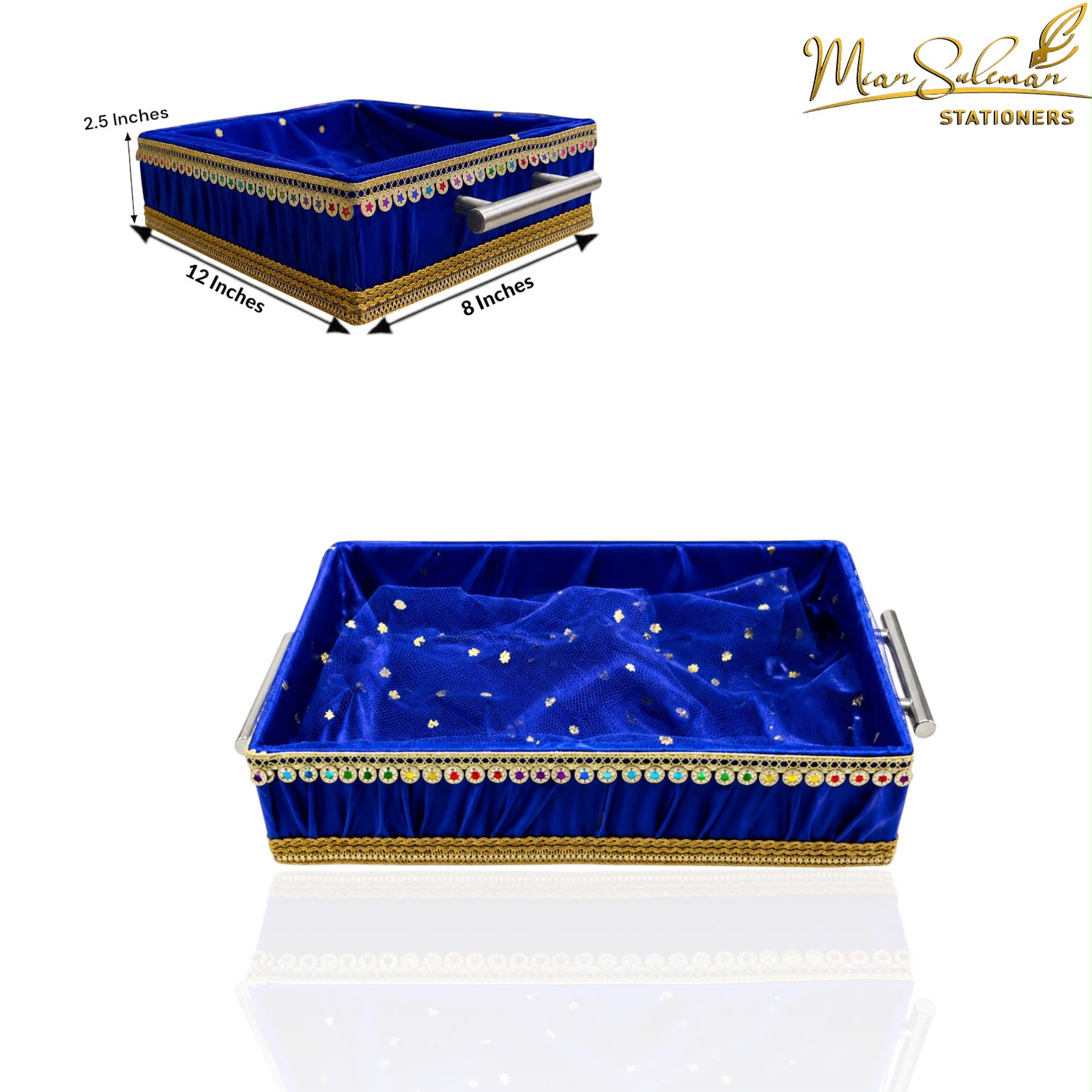 Rectangular Decorative Gift & Storage Tray With Handles (Blue)