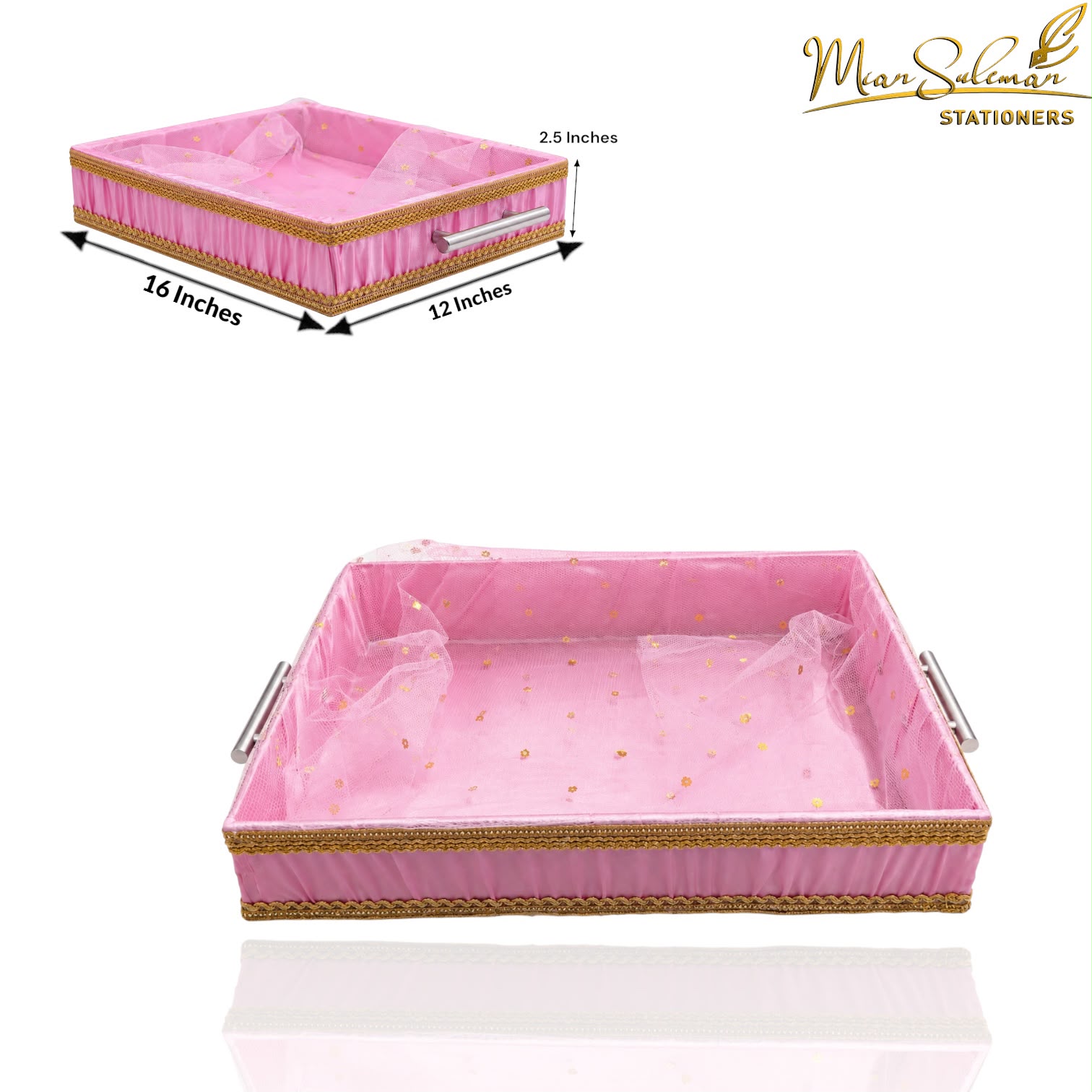 Rectangular Decorative Gift & Storage Tray With Handles (Pink)