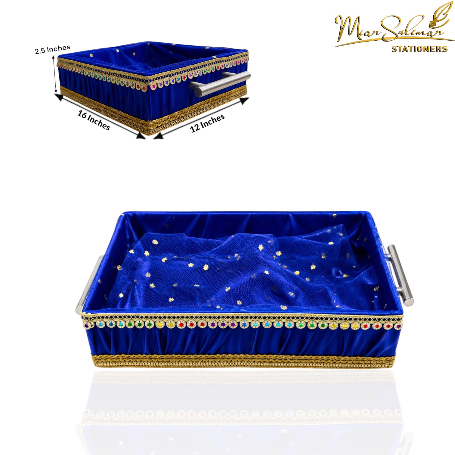 Rectangular Decorative Gift & Storage Tray With Handles (Blue)