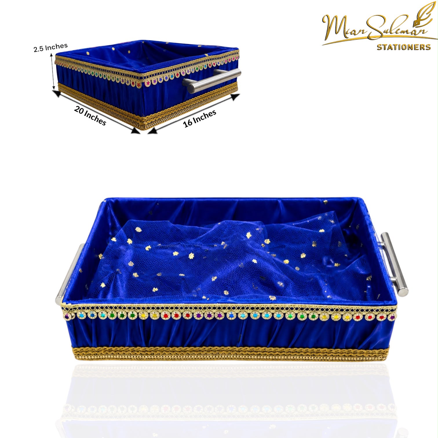 Rectangular Decorative Gift & Storage Tray With Handles (Blue)