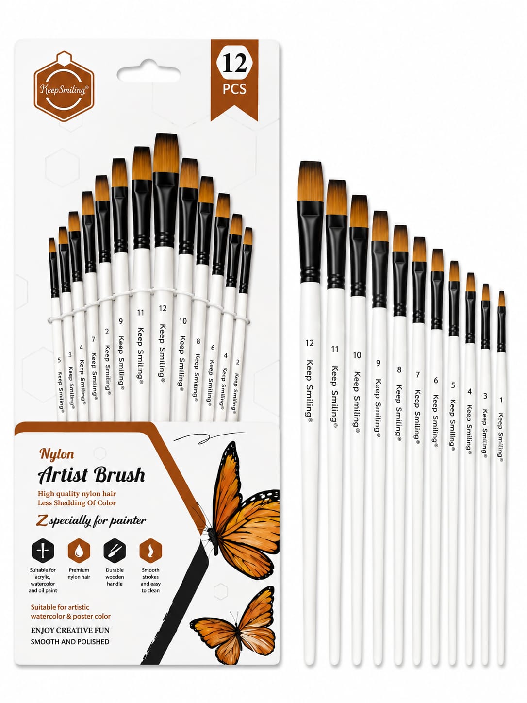 Keep Smiling Artist Nylon Flat Shapes Brush 12 Pcs Set