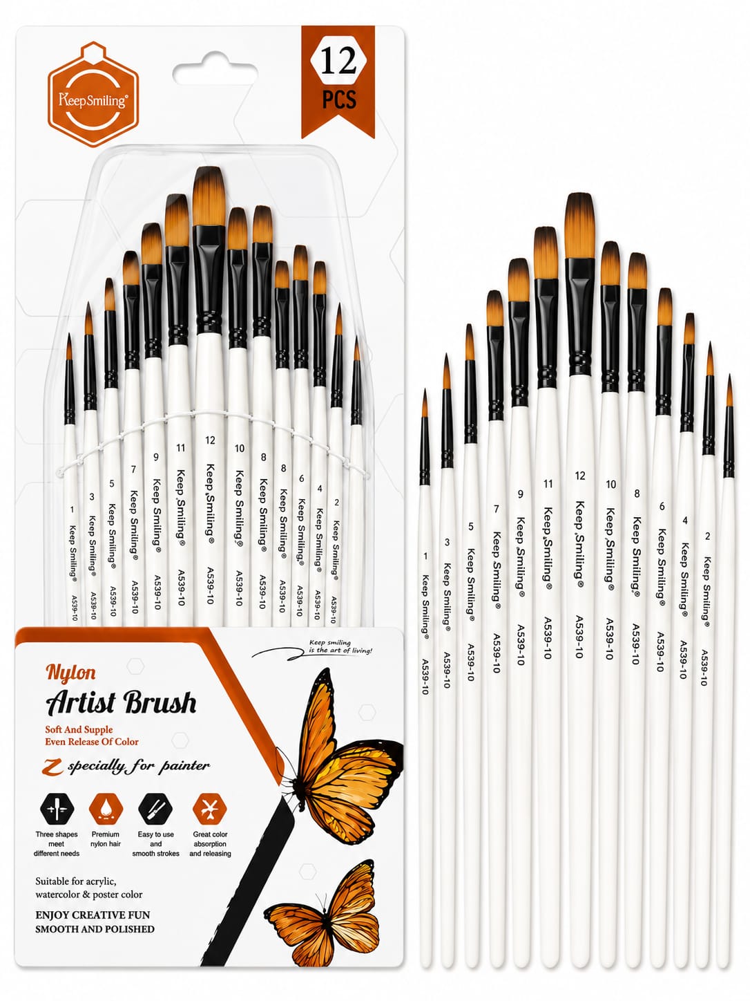 Keep Smiling Nylon Artist Round Shape Brush 12 Pcs Set