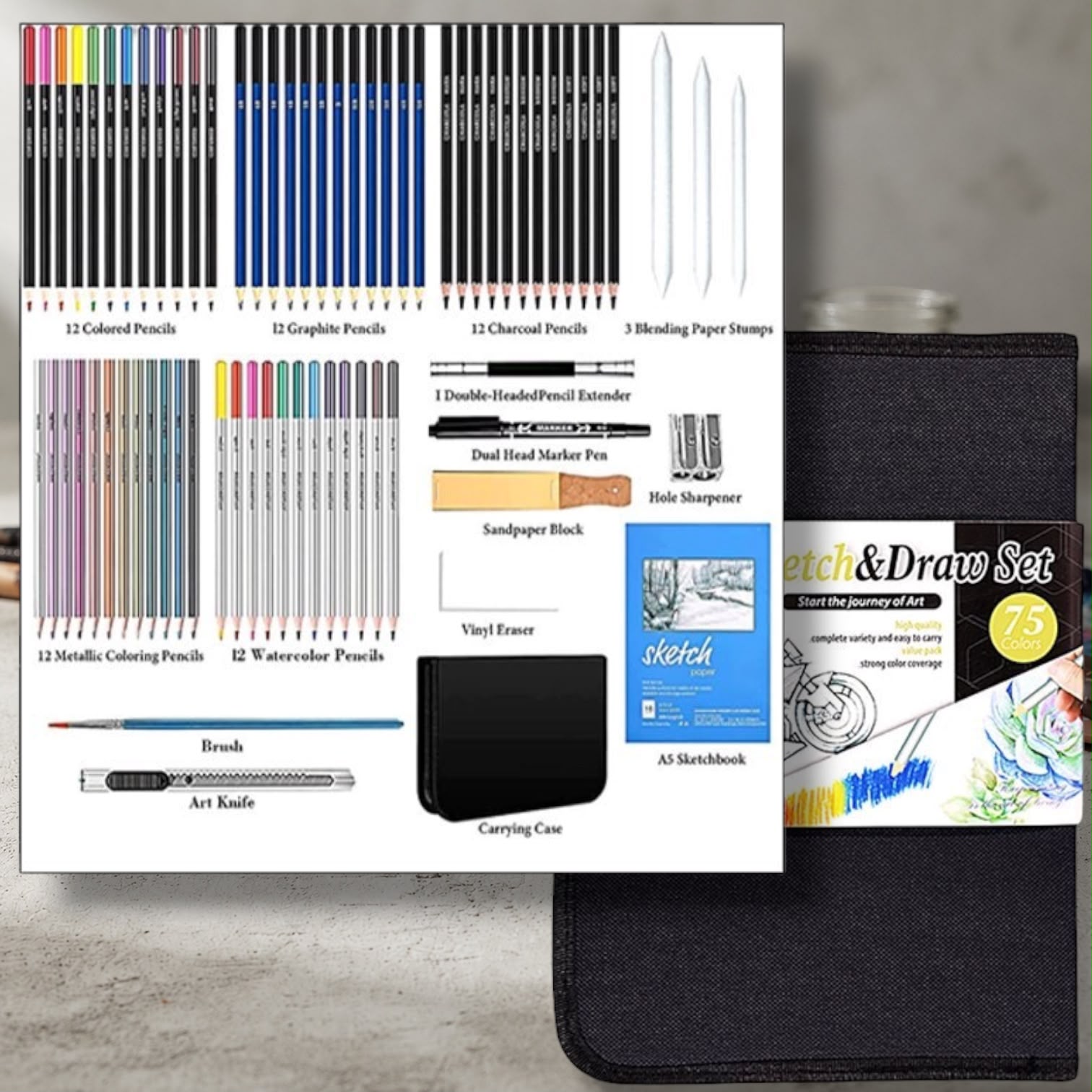 Keep Smiling Professional Drawing Pencils 75 Pcs Set