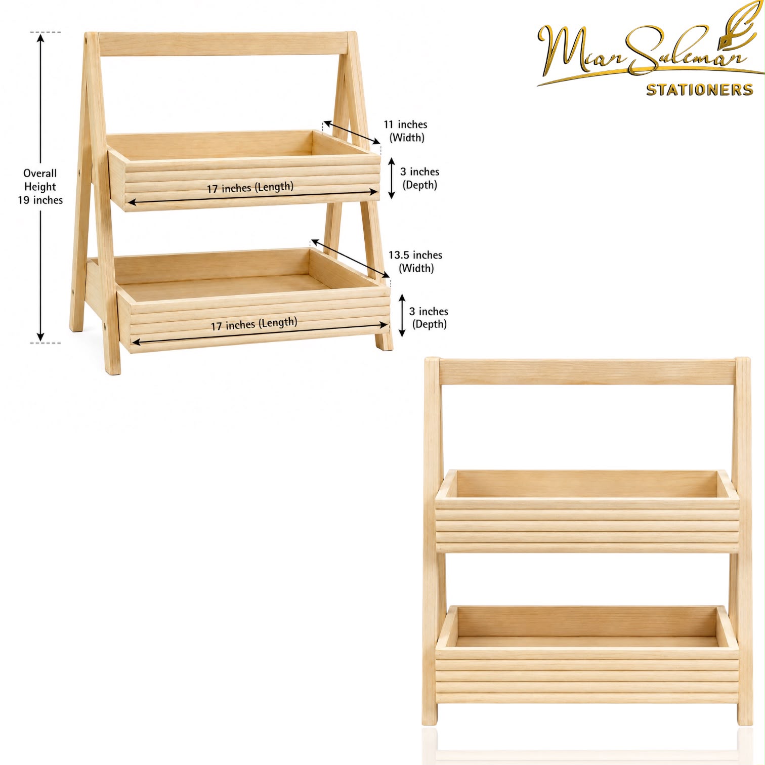 Wooden 2 Tier Storage Rack & Decorative Spindle Handle