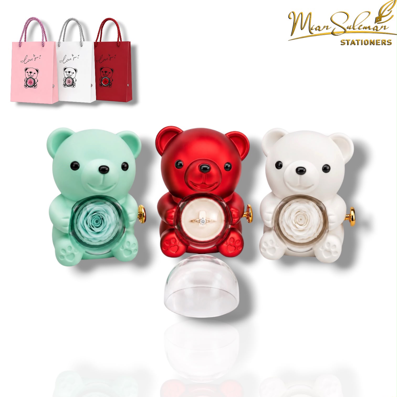 Rotating Bear Rose Jewelry Box With Free Gift Bag